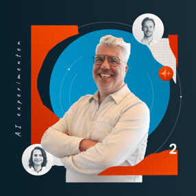 Man met grijs haar en bril, armen gekruist, met twee kleine portretfoto's, grafische vormen en de tekst 'AI experimenten 2'