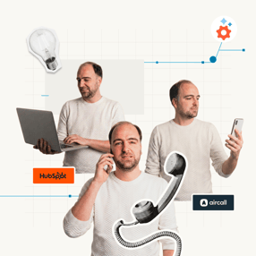 Collage van een man die werkt met een laptop, een smartphone en belt, omringd door logo's van HubSpot en Aircall.