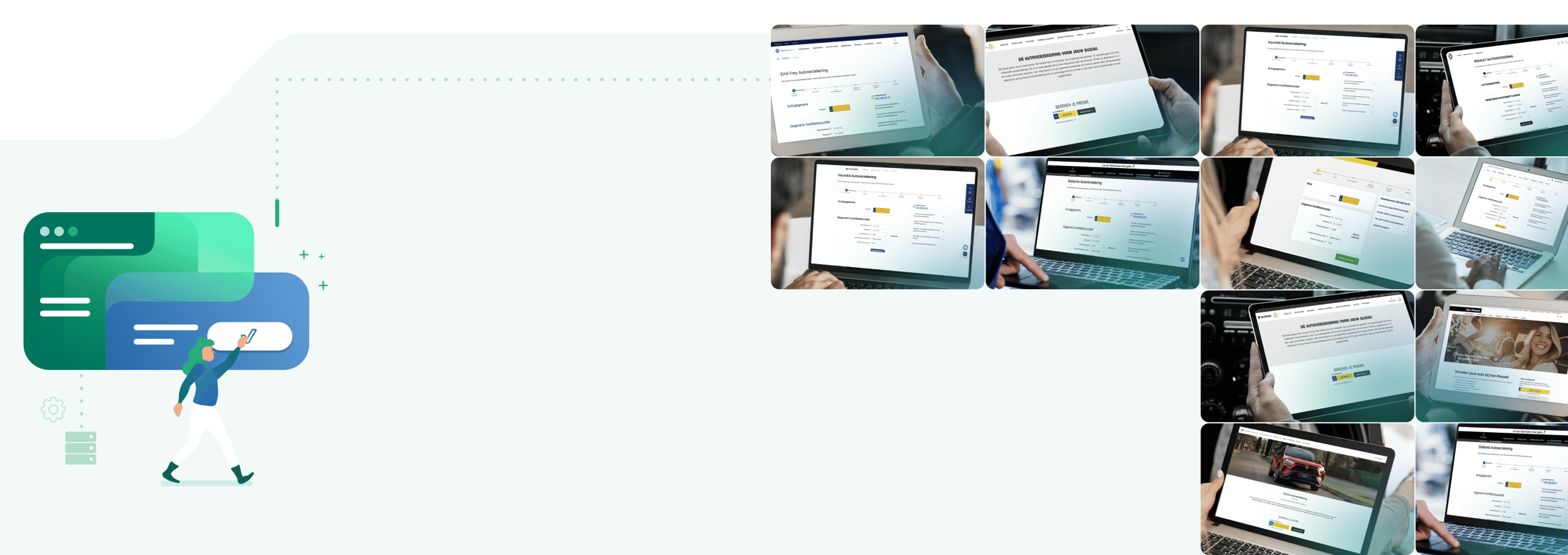 Illustratie van een persoon met smartphone naast screenshots van een autoverzekering website op verschillende apparaten.