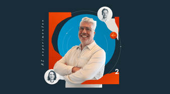 Man met grijs haar en bril, armen gekruist, met twee kleine portretfoto's, grafische vormen en de tekst 'AI experimenten 2'