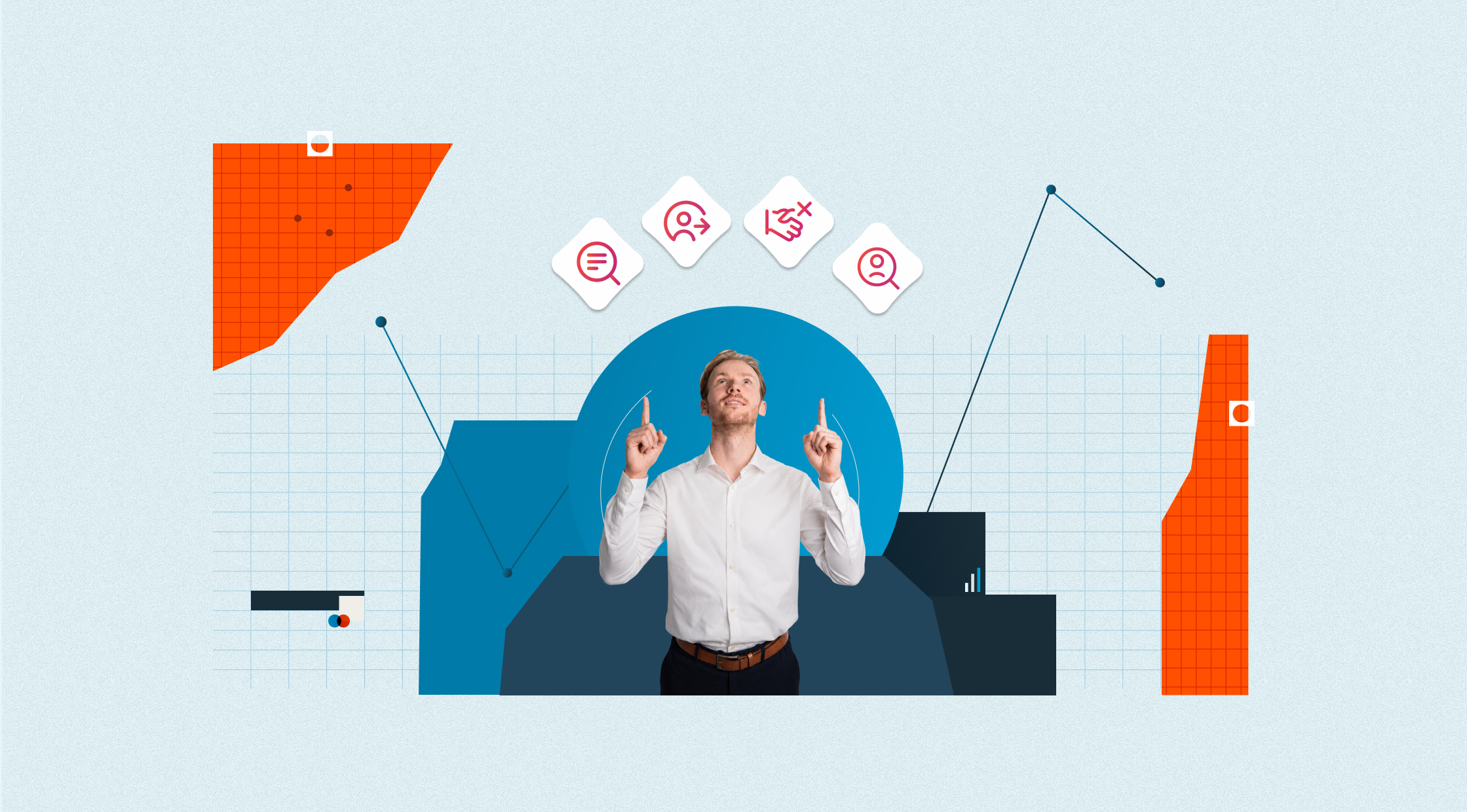 Een man wijst omhoog naar HubSpot AI-iconen, omgeven door grafieken en data-elementen.