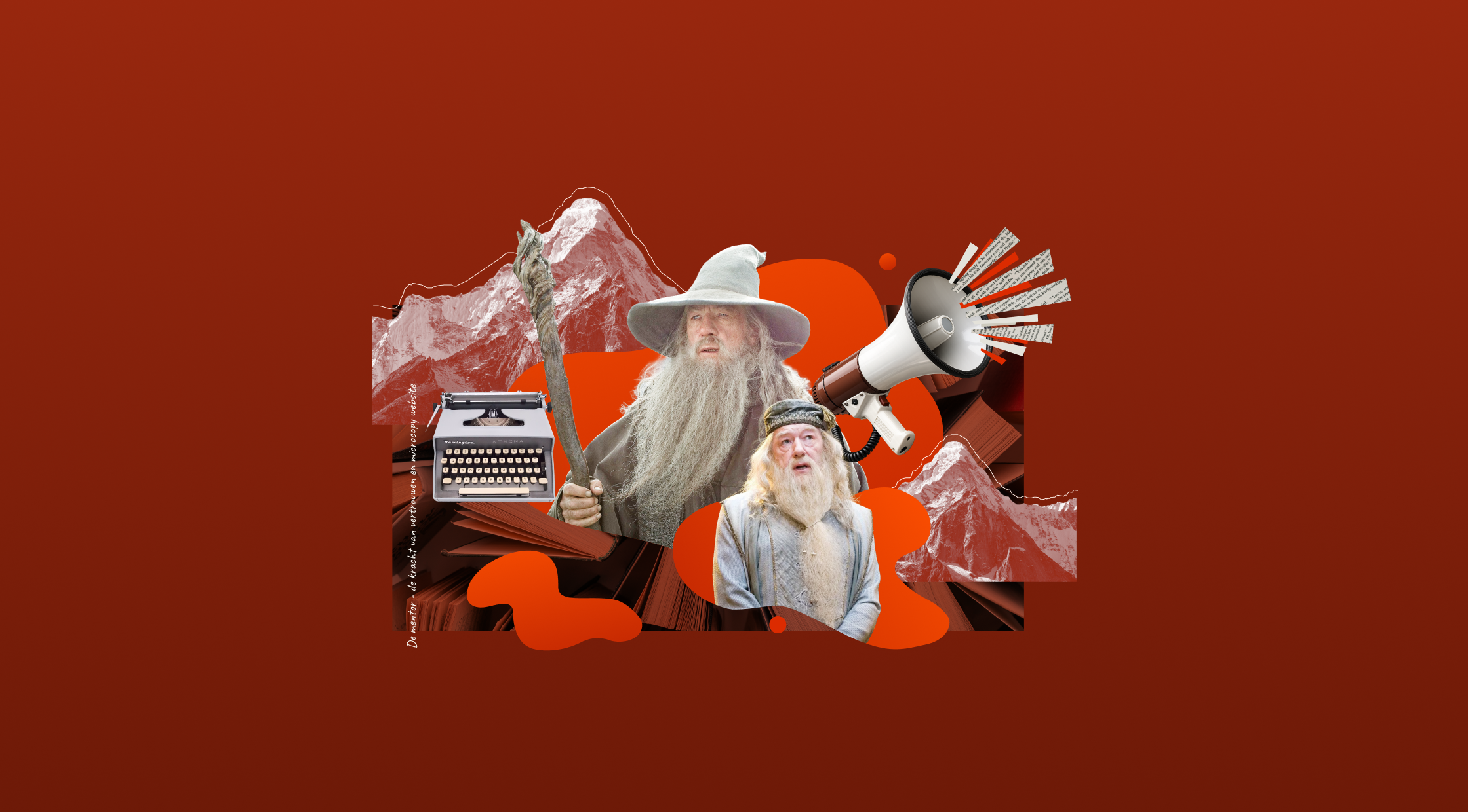 Collage met tovenaar, megafon, typemachine en bergen op rode achtergrond.