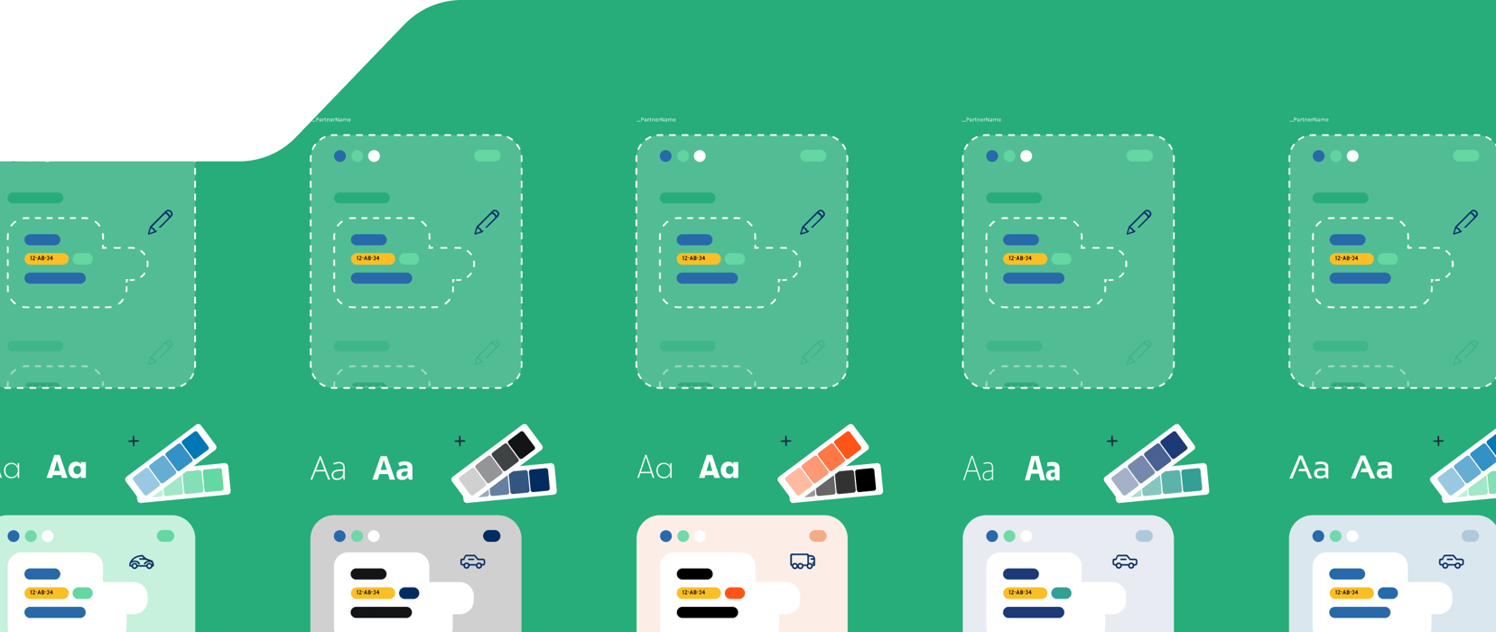 Overzicht van verschillende kleurvarianten en huisstijlen voor een verzekerings-app interface.