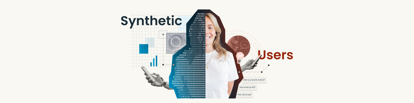 Collage van AI-data en een echte gebruiker, met de tekst 'Synthetic Users'
