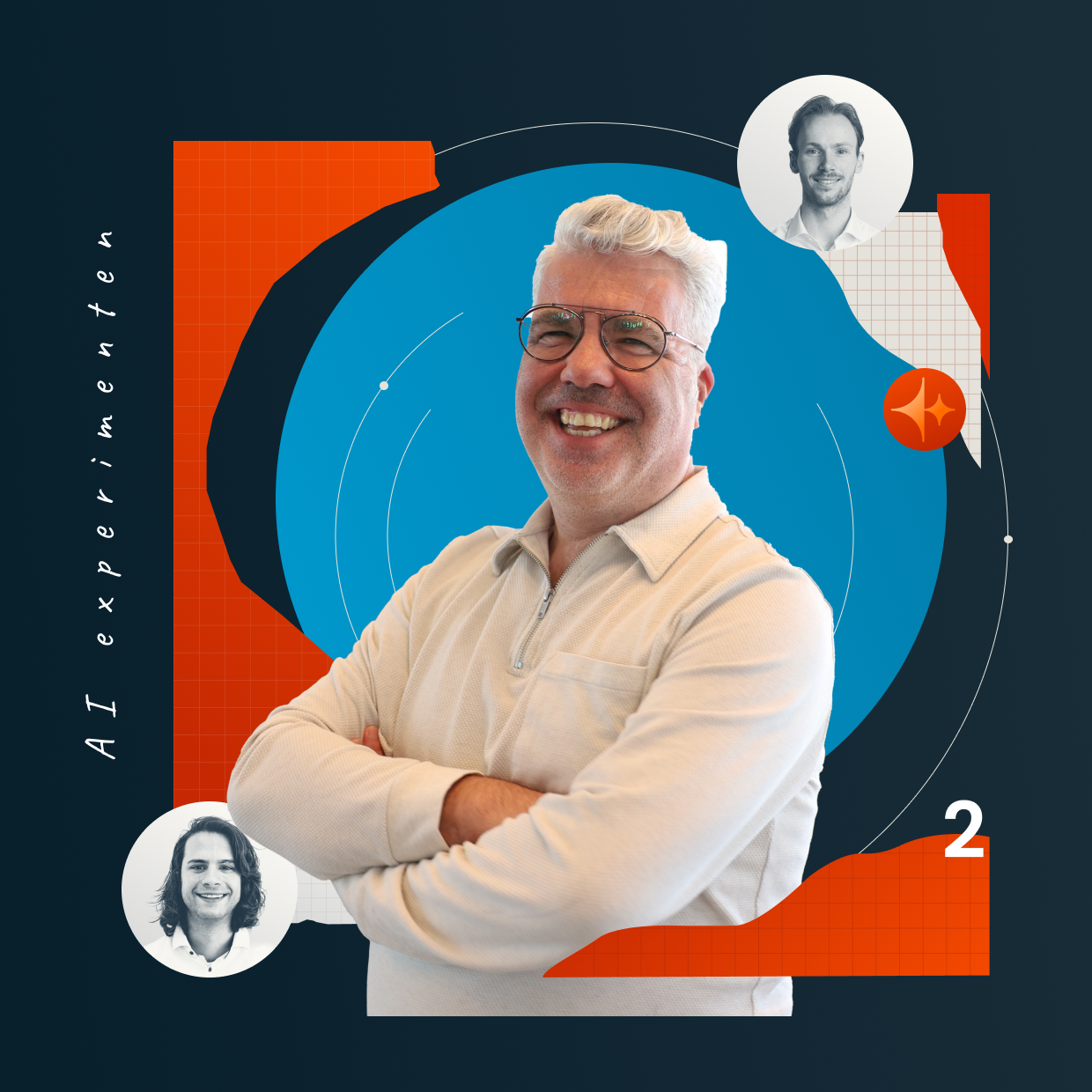 Man met grijs haar en bril, armen gekruist, met twee kleine portretfoto's, grafische vormen en de tekst 'AI experimenten 2'